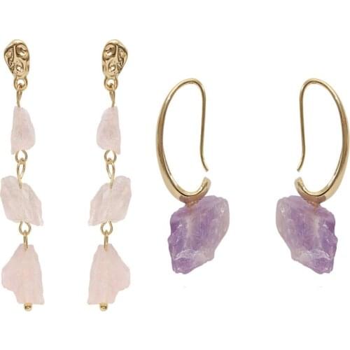 Raw Crystal French Earrings Irregular Shape Natural Purple Stone Earrings Surgical Steel Hypoallergenic