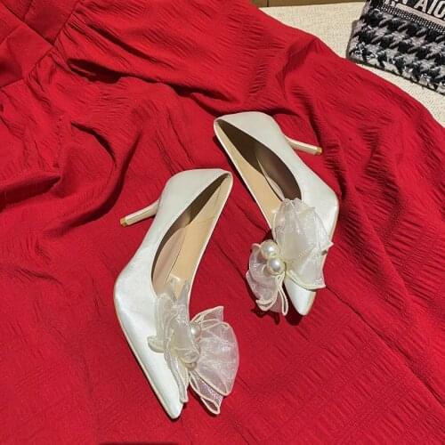 New Fashion Pearl Bow Thin Heel High Heels Single Shoes Fairy Style White Wedding Shoes Banquet Shoes