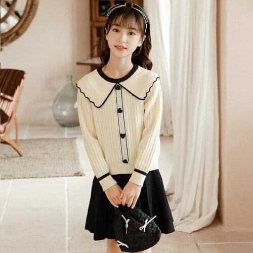 2021 Autumn Winter Girls Set Bowtie Knitted Tops and Pleated Skirts 2 Pcs Suit for 6-16Y Children Boutique Kids Clothing Sets