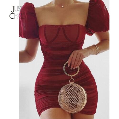 Justchicc Solid Sexy Autumn Mini Dress Square Collar Strapless Long Lantern Sleeves Elegant Dress High Waist Zipper Women Dress
