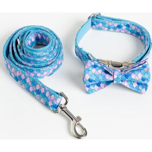 Ajustable Small Large Dog Collar And Leash Set Colorful Scales Pattern Printing Pet Collar With The Bow Dog Walking Lead