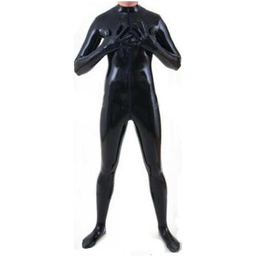 Sexy Mens Black Latex Fetish Catsuit Bodysuit with Socks Gloves Front Zip Customized
