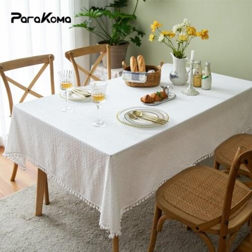 French Cotton Pure White Tablecloth Jacquard Geometric Dotted Ball of Wool Rectangular Tablecloth Coffee Table Table Cloth Cover