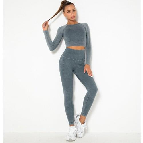 Wash Style Sports Clothes For Woman Seamless Sport Clothing Free Shipping Women High Waist Leggings Suit Long Sleeve Crop Top