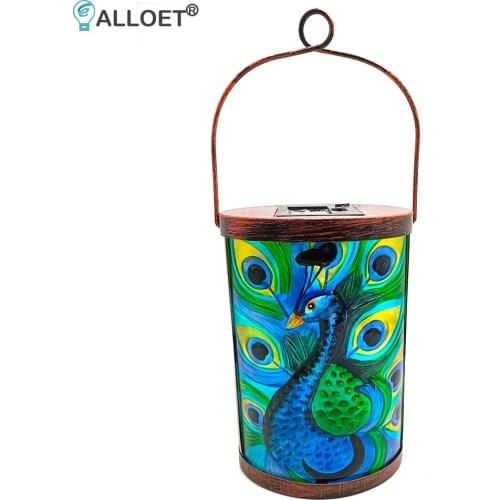 LED Solar Lantern Light Wrought Iron Peacock Glass Painting Hanging Lamps Waterproof Outdoor Garden Yard Art Decorations