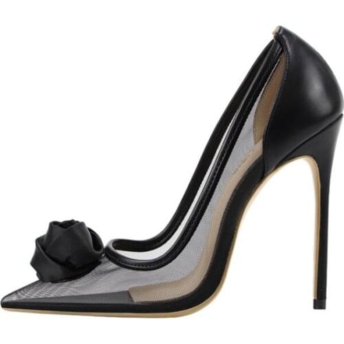 Moraima Snc Sexy Thin Heels Women Pumps Pointed Toe Mesh Grid Stiletto Heels Rose Flowers Deocrations Dress Shoes Black Red Blue