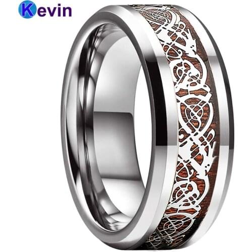 Tungsten Wedding Ring Men Women Wedding Band With Wood And Dragon Inlay 8MM Comfort Fit