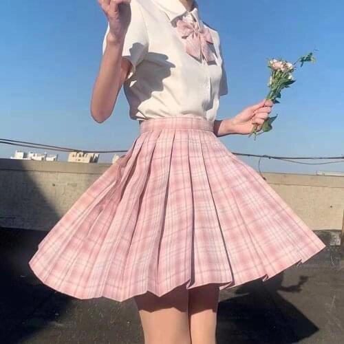 2021 Summer Japanese School Girls High Waist Pleated Skirts Blue Plaid Skirts Women Dress Long/Short Sleeve JK School Uniform