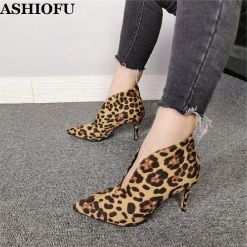 ASHIOFU New Style Womens 6.5cm High Heel Pumps Leopard Mid-heel Party Prom Dress Shoes Sexy Evening Fashion Pumps Court Shoes