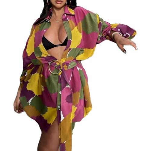 Summer Women Dress Long Sleeve Sexy V Neck Single-breasted Multicolored Printed Mini Dress Belt robe femme платье летнее женское