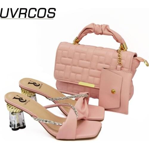 021 African Newest Italian Design Mid Heels Party Women Shoes and Bag Set With Special Narrow Band and Cross-tied in Pink Color