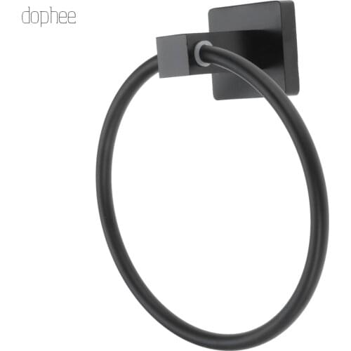 Dophee 1pc Wall-mounted Round Towel Ring Black Stainless Steel Clothes Rack Bathroom Supporter Hardware Accessories