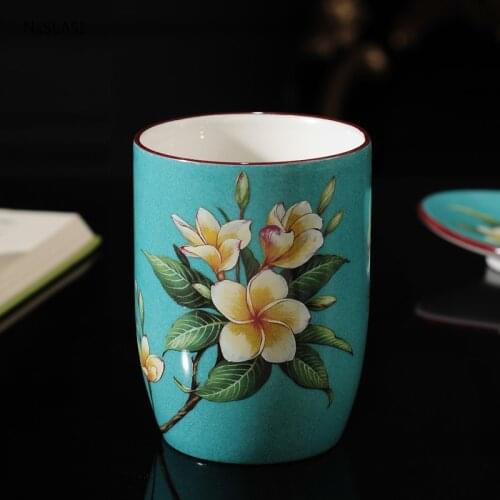 1pc Chinese Style Flowers Printing Portable Ceramic Bathroom Tumblers Home Hotel Tooth Toothbrush Cups Accessories Gargle Cup