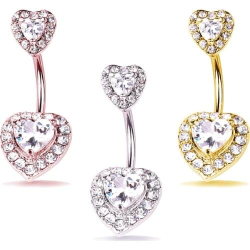 1PC Heart Dangle Belly Button Rings Body Piercing Navel Bar 14G Double Full Heart Shape body piercing bar Body Bar Accessories