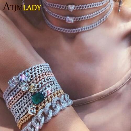 2021 New Valentines Day Girlfriend Gift Heart CZ Paved Iced Out Bling Miami Cuban Chain Bracelet Adjusted Size For Women Lover