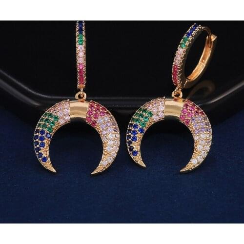 AAA+ Quality Gold Color Pave Top Fancy Zircon Crescent Moon Pendant Charms Buckle Hoop Earrings For Women