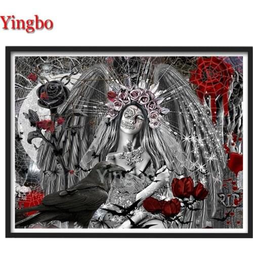 5d Diy Diamond Mosaic Skull Rose Woman Crow Embroidery Diamond Painting Full Drill Rhinestones Decoration,Halloween Gifts