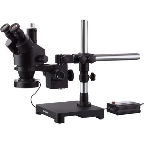 AmScope 7X-90X Black Trinocular Stereo Zoom Microscope on Single Arm Boom Stand with Heavy Duty 80-LED Ring Light