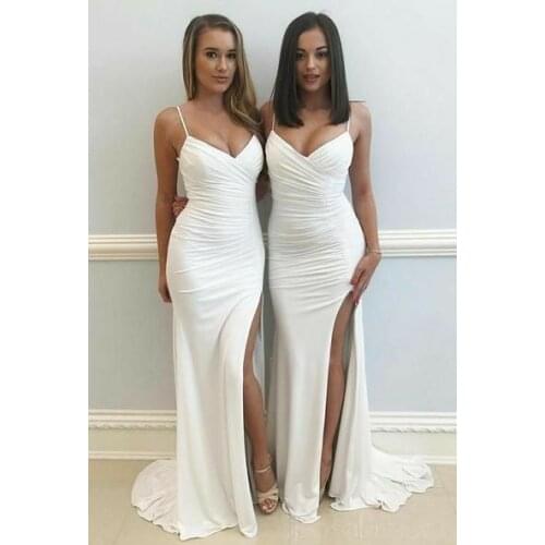 White Deep V-neck Prom Dresses with Slit Long Pleated Mermaid Party Dresses Sexy Criss Cross Back Formal Evening Gowns for Women