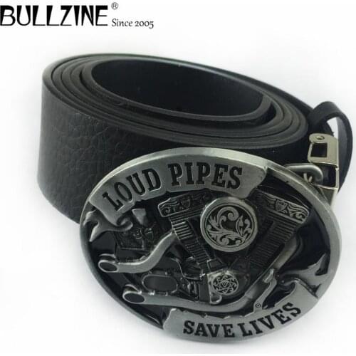 Bullzine loud pipes motor engine belt buckle jeans cowboy gift belt buckle pewter finish and PU belt 03116-2 drop shipping