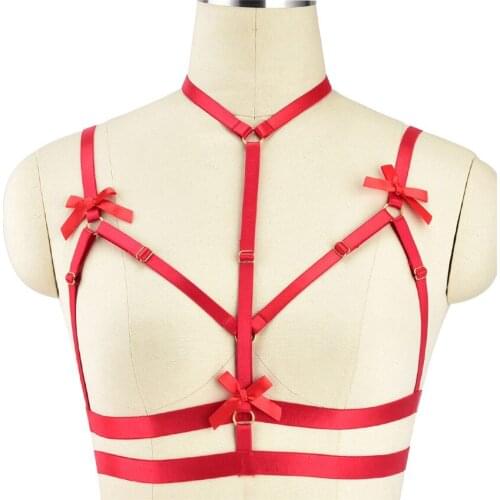 Wholesale Sexy Lingerie Harness Bra Woman Red Rave Wear Body Cage Punk Suspender Belt Bow Open Chest Bra Bondage Body Harness