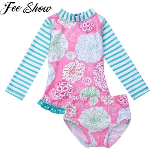 Kids Girls Tankini Long Sleeves Floral Printed Swimsuit Swimwear Bathing Suit Set Tops with Bottoms 2PCS Swimming Clothes