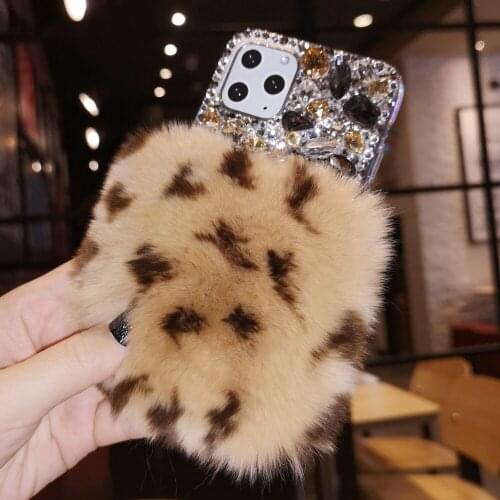 For Iphone 12 Mini 11 Pro XS Max XR X 8 7 6 6S Plus SE Winter Warm Furry Rabbit Hair Fur Bling Rhinestone Diamond Case Cover