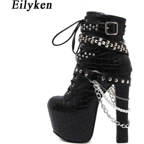 Eilyken 2021 Winter Fashion Chain Rivet Women Boots High Heels Platform Buckle Riding Booties Black Ladies Shoes Size 40