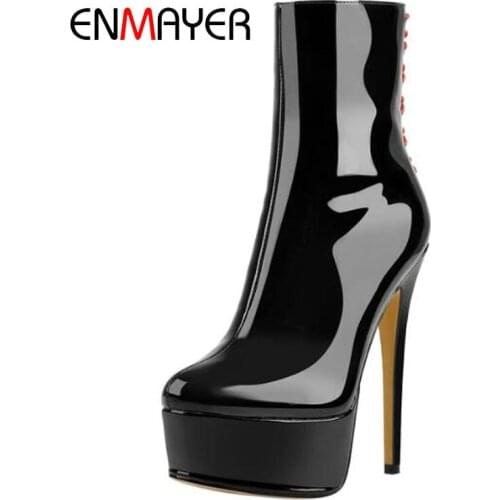 ENMAYER Elegant Patent Leather Slip-On Ankle Women Boots Basic Round Toe Thin Heels Fashion Platform Sexy Women Shoes 34-43