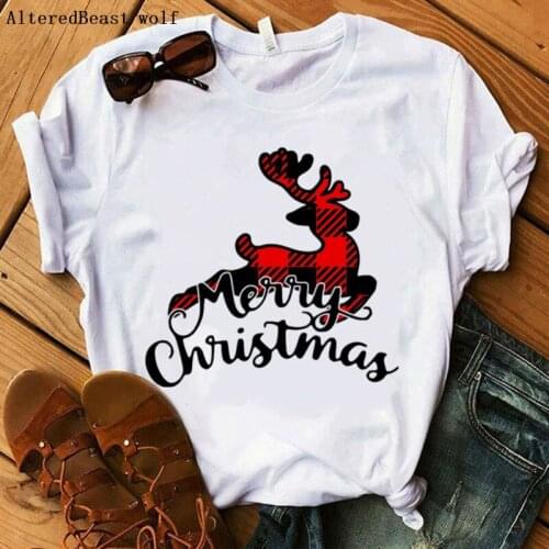Merry Christmas tshirt plaid reindeer print T Shirt women summer casual short sleeve clothes female harajuku vogue t shirt tops