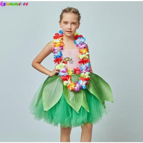 Hawaiian Flowers Princess Costume for Girls 2-12Y Birthday Party Gifts Kids Hula Luau Tutu Dress Garland Set Beach Party Favors