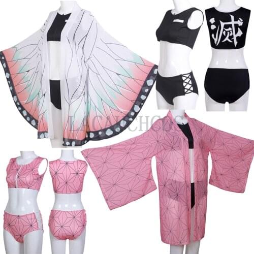 Demon Slayer Haikyuu Agatsuma Tanjirou Kochou Shinobu Splitted Anime Cosplay Summer Bikini Swimsuit Beach Swimwear Bathing Suit
