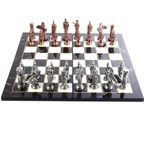 Mythologic Antique Copper Pegasus Figures Metal Chess Set,Handmade Pieces and Marble Design Wood Chess Board King 9.5 cm