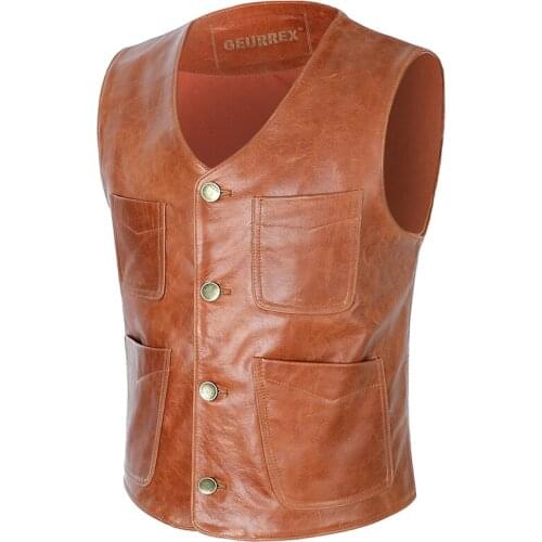 Motorcycle Mens Classic Motorbike Biker Waistcoat Vest Yellow Genuine Leather Cowhide Sleeveless Jackets High Quality