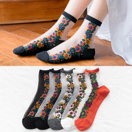 5 Pairs/lot 2020 Spring Dummer Ultra-thin Glass filament Socks Women Socks National Wind Floral Jacquard Woman Sock