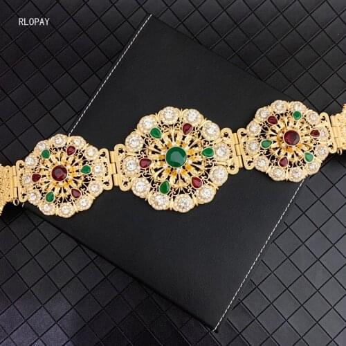 New Morocco Body Jewelry for Women Gold Flower Chain Belts Full Rhinestones Bridal Dress Belts Arabic Gold Body Chain