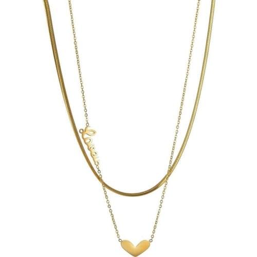 Wholesale Jewelry -- 2 line Chain Heart Pendant Necklaces for Women Titanium steel No Fade Gold / White