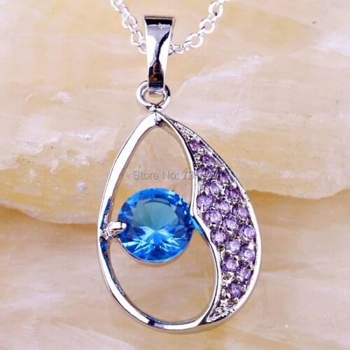 JROSE Wholesale Demure New Design Blue & Purple CZ Silver Color No Chain Pendant Necklace Fashion Jewelry For Gift/Party
