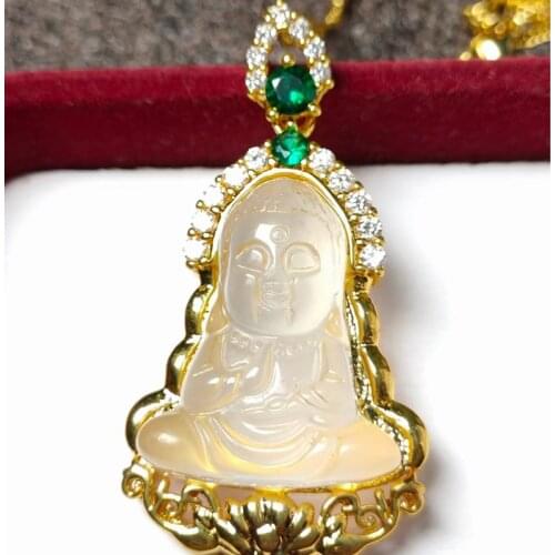 Luxury Classic Gold Color 925 Sterling Silver Necklaces For Women Natural White Jade Baby Buddha Pendants Necklaces Fine Jewelry