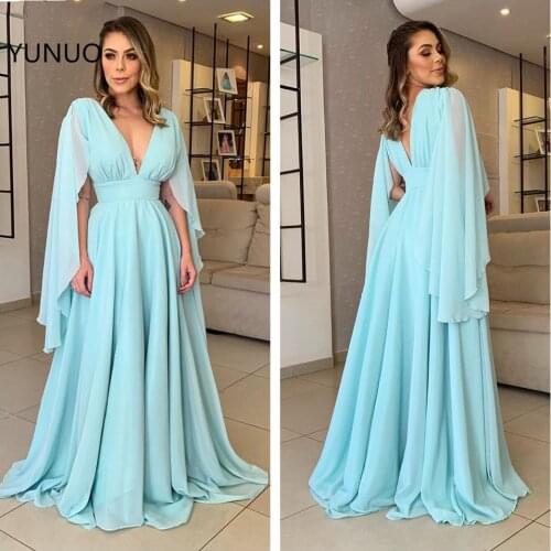 YUNUO Deep V-neck Sky Blue Prom Dresses 2021 Chiffon robes de soirée Cap Sleeves A Line Evening Formal Dress vestido longo