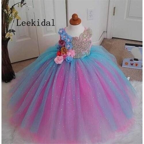 Pink Red Blue 3D Flowers Girls Pageant Dresses Luxurious Crystals Top Tulle Ball Gown Skirt Party Dress Pageant Dresses Custom