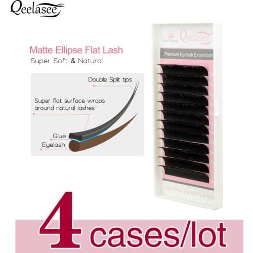 Qeelasee 4 trays/lot matte ellipse flat lashes split tips individual mink ellipse shaped natural light soft flat eyelashes