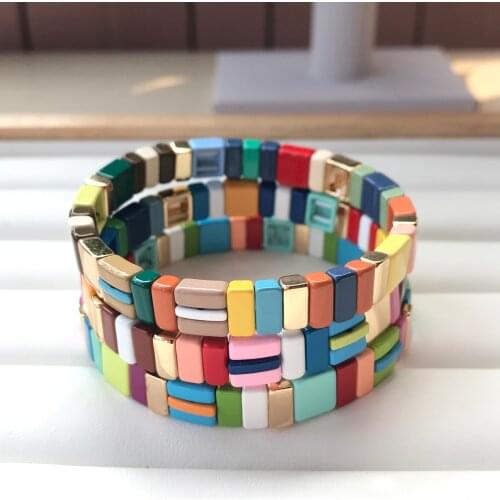 Rainbow Enamel Tile Bracelet,Multi-Stack Tile Painted Beaded Stretch Bracelet,Bohemian Bracelets Fashion Women Jewelry QC2712