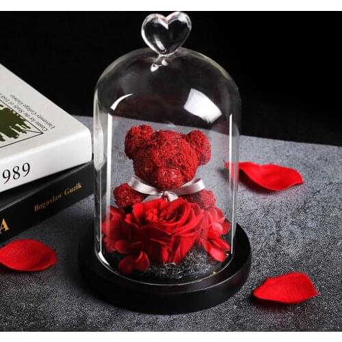 Beauty And The Beast Roses Artificial Flower Rose Bear Lights In Glass Dome Home Decoration Valentines Day Christmas Gifts