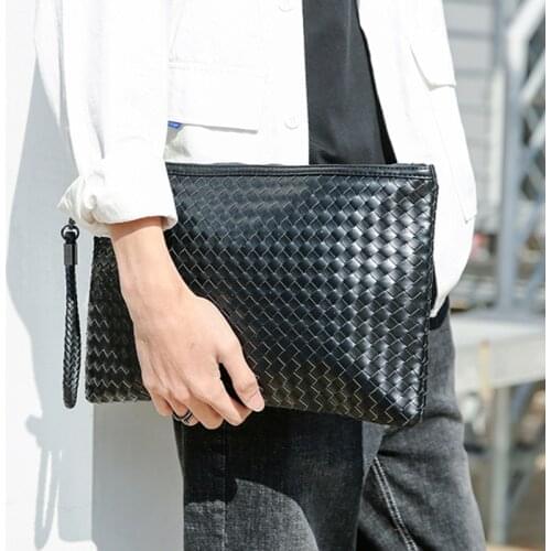 Fashion Leather Mens Clutch Bag Handbag Brand Woven PU Leather Bag Classic Black 2 Type Large Capacity Envelope Bag New 2020