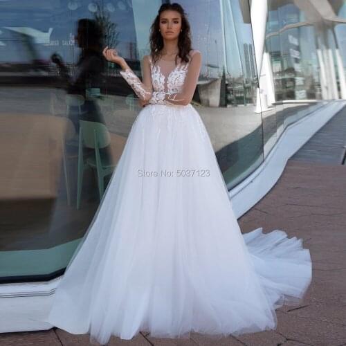 Wedding Dresses Long Sleeves Scoop Lace Appliques Court Train A Line Wedding Bridal Gowns Open Back Vestido de noiva