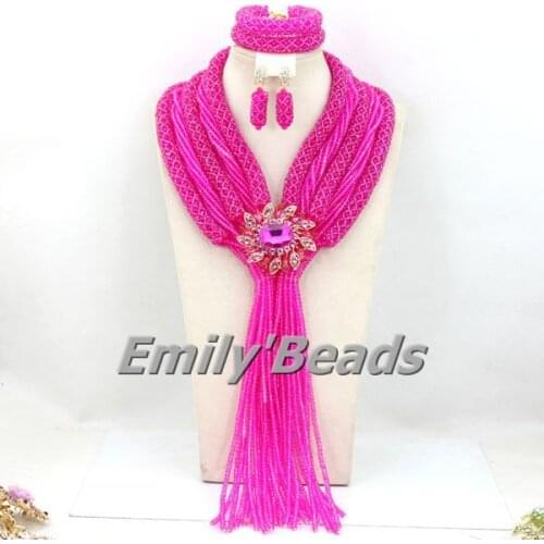 Amazing Nigerian Wedding Bridal Jewelry Set African Beads Jewelry Set Fuchsia Necklace Set Wholesale Price Free Shpping AMJ084
