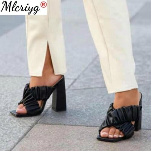 Sexy Pleated Ladies Slippers Summer Fashion Party High Heels Shoes Gladiator Slides Sandals Women Plus Size 43 Pumps 2021 Summer