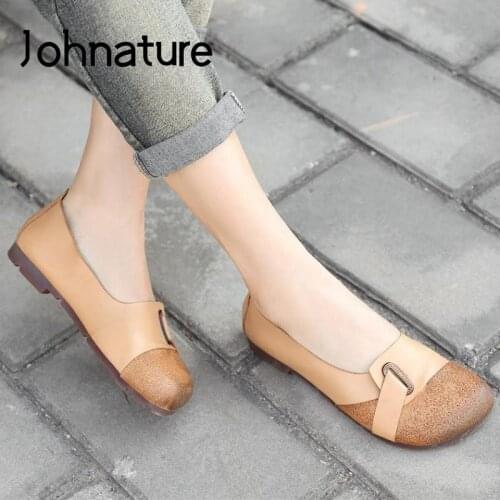 Johnature Genuine Leather Flats Women Shoes 2021 New Retro Spring/Autumn Handmade Leisure Shallow Concise Casual Ladies Shoes
