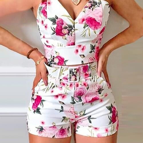 Deep-V Floral Printed Strappy Tunic Tops Shorts Women Suits Embroidered Sleeveless Ladies Summer 2-pc 2021 Casual Two Piece Sets